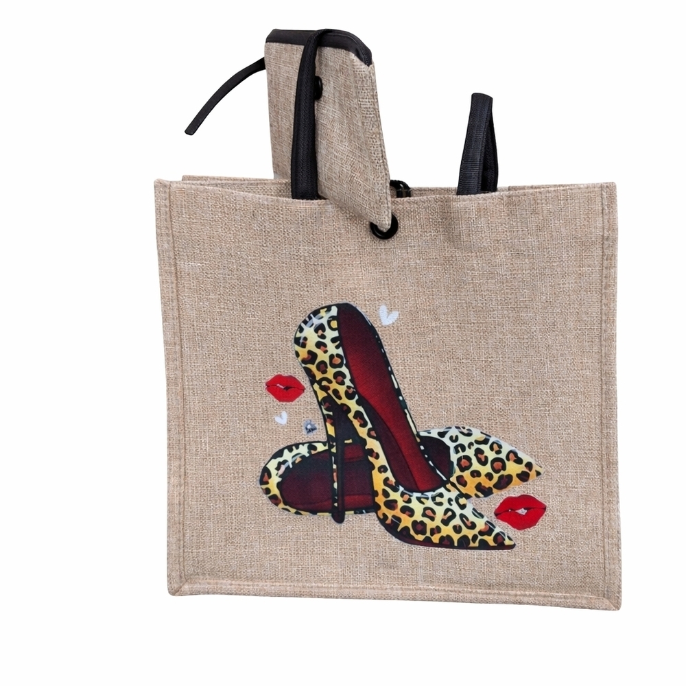 Stiletto Heel Shoe Lover Leopard Canvas Tote With Matching Cosmetic Case NWT